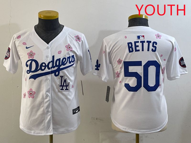 Youth Los Angeles Dodgers #50 Betts White Sakura Edition 2025 Nike MLB Jersey style 9->youth mlb jersey->Youth Jersey